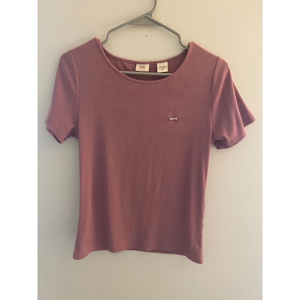 Levis Womens Ribbed T Shirt Pink Short Sleeve Logo Casual Basic Top Size M
